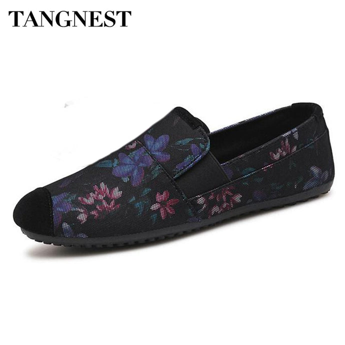 Tangnest New Fashion Flower Printed Flats Shoes For Male Casual Mesh Slip-on Loafers Suede Leather Toe Low Toe Shoes Man XMR3080