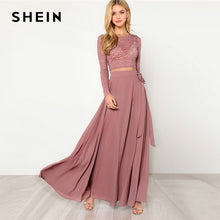 Load image into Gallery viewer, SHEIN Pink Crop Lace Top Knot Skirt Set Women Round Neck Long Sleeve Belt Elegant Two Pieces Sets 2018 Spring Plain Twopiece