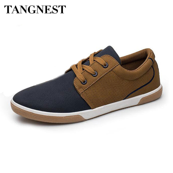 Tangnest NEW Autumn Patchwork Men's Sneakers Casual Round Toe Lace Up Flat Shoes For Men PU Leather Breathable Shoes XMR2956