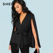 Load image into Gallery viewer, Black Deep V Neck Surplice Neck Tie Waist Cloak Sleeve Cape Coat  Streetwear Modern Lady Outerwear Coat New