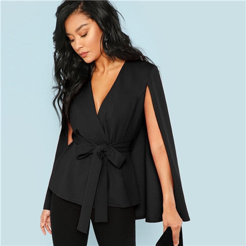 Black Deep V Neck Surplice Neck Tie Waist Cloak Sleeve Cape Coat  Streetwear Modern Lady Outerwear Coat New