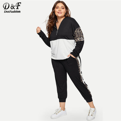 Dotfashion Plus Size Half Placket Leopard Print Hoodie With Sweatpants Set Womens Fashions 2019 Autumn Casual Two Piece Outfits