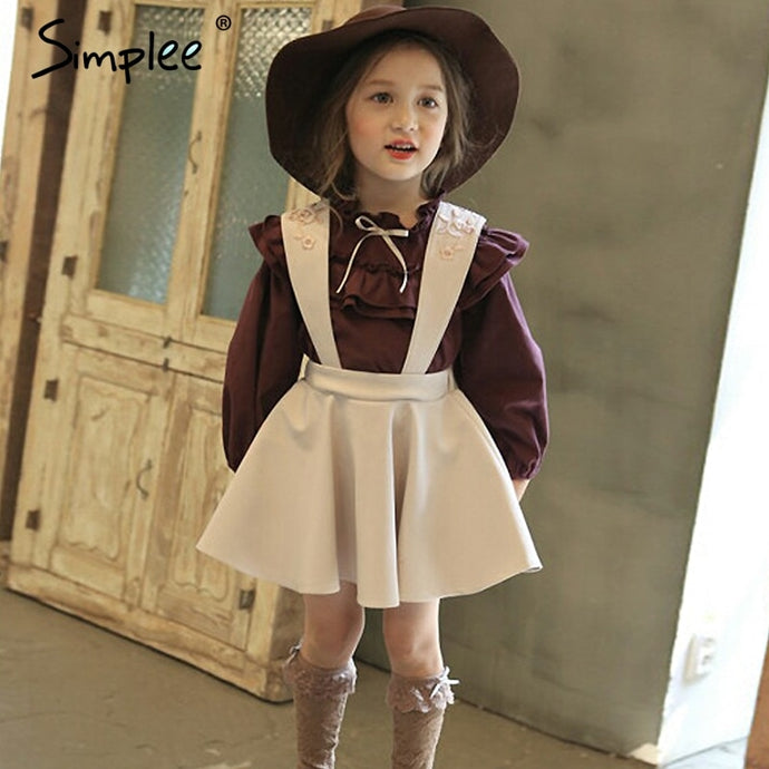 Fashion Girls Dress Embroidery Suspender Dress Children Long Sleeve Kids Shirt Dress 2 PCS For Birthday Party Christmas