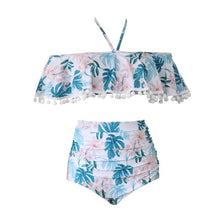 Load image into Gallery viewer, Bikini Set Anne Kızı Bandaj Aile Maç Giyim Plaj Spor Mayo Yaprak Baskı Halter Mayo