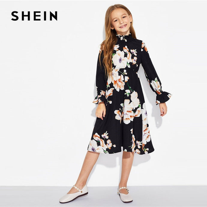 SHEIN Matching Family Outfits Mock Neck Frill Trim Shirred Panel Floral Print Midi Dress Spring Mother Daughter Dresses