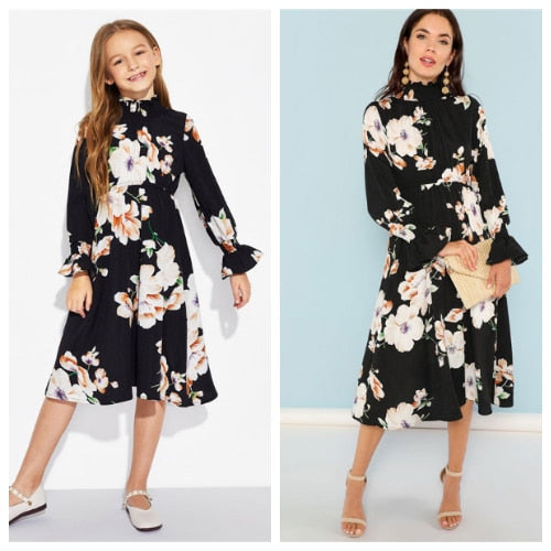 SHEIN Matching Family Outfits Mock Neck Frill Trim Shirred Panel Floral Print Midi Dress Spring Mother Daughter Dresses