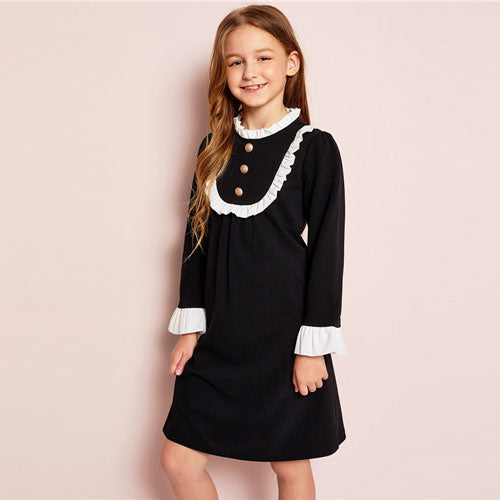 SHEIN Girls Button Front Ruffle Yoke Bell Sleeve Midi Dress Spring Daughter Pleated Stand Collar Preppy Knee-Length Dresses