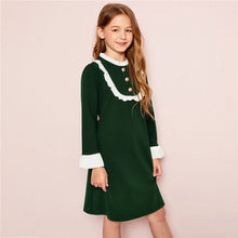 Load image into Gallery viewer, SHEIN Girls Button Front Ruffle Yoke Bell Sleeve Midi Dress Spring Daughter Pleated Stand Collar Preppy Knee-Length Dresses