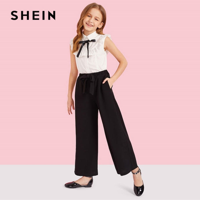 SHEIN Matching Family Outfits Girls Ruffle Trim Blouse And Knotted Wide Leg Pants Set Bow Detail Sleeveless Blouse Two Piece