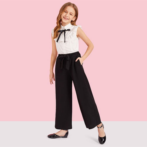 SHEIN Matching Family Outfits Girls Ruffle Trim Blouse And Knotted Wide Leg Pants Set Bow Detail Sleeveless Blouse Two Piece