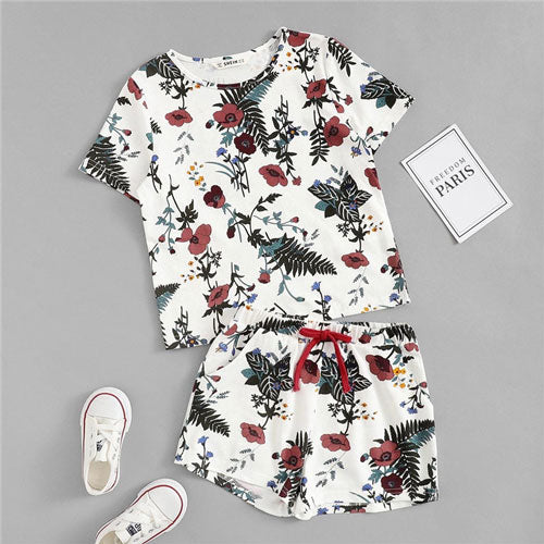 SHEIN Matching Family Outfits Girls Botanical Print Top And Drawstring Shorts Set Summer Cotton Short Sleeve Shorts Nightwear