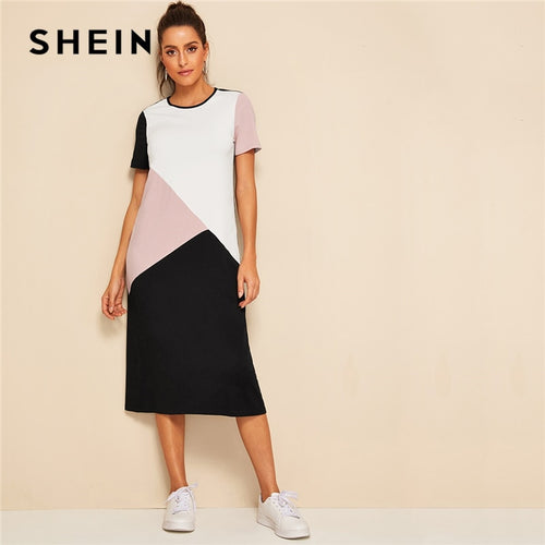 SHEIN Casual Multicolor Cut-and-Sew Tunic Summer Long Dress Women 2019 O-Neck Short Sleeve Shift Straight Color-block Dresses