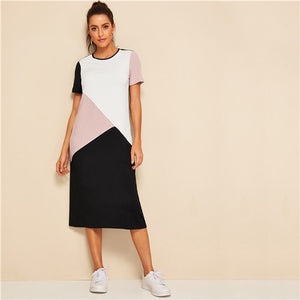 SHEIN Casual Multicolor Cut-and-Sew Tunic Summer Long Dress Women 2019 O-Neck Short Sleeve Shift Straight Color-block Dresses