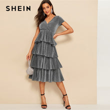 Load image into Gallery viewer, SHEIN Party Silver Plunge Wrap Neck Layered Ruffle Glitter Long Dress Women Summer Short Sleeve Fit and Flare Glamorous Dresses
