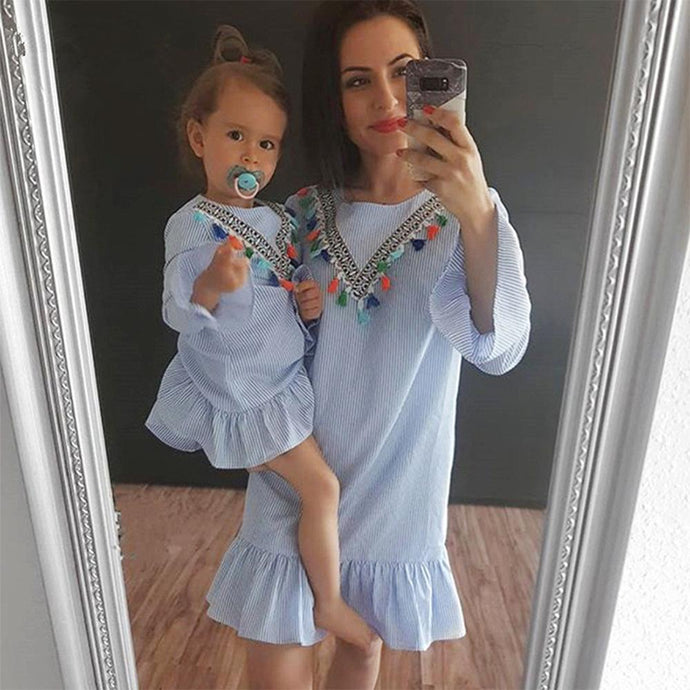 Parent-child Suit Ruffle Sleeve Stripe Dress Tassel Flying Sleeve O-Neck Summer Fashion Dresses  Travel Outdoor Party Dress