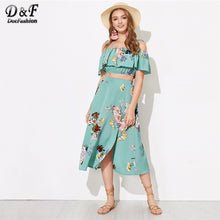 Load image into Gallery viewer, Yeşil Fırfır Foldover Üst Ve Bölünmüş Etek 2 Parça Set Kadın 2019 Yaz Tatil Spagetti Kayışı Iki Parçalı Kıyafetler