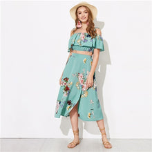 Load image into Gallery viewer, Yeşil Fırfır Foldover Üst Ve Bölünmüş Etek 2 Parça Set Kadın 2019 Yaz Tatil Spagetti Kayışı Iki Parçalı Kıyafetler