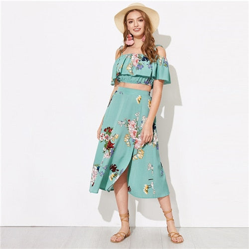 Yeşil Fırfır Foldover Üst Ve Bölünmüş Etek 2 Parça Set Kadın 2019 Yaz Tatil Spagetti Kayışı Iki Parçalı Kıyafetler