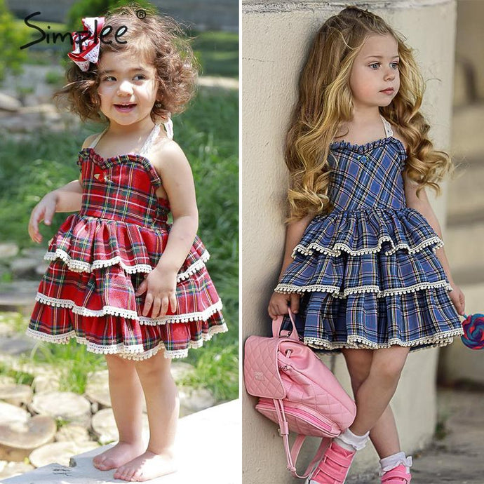 Vintage plaid girls summer cotton dress Halter British style ruffle kids sweet dresses Fashion sleeveless cute red girls clothes