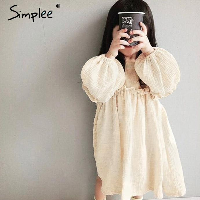 Baby girl cute lantern sleeve dress O-neck casual cotton kids dress Fashion solid color soft chid ruffled loose kids dress