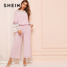 Load image into Gallery viewer, SHEIN Pink Contrast Lace Flounce Sleeve Women Blouse And Wide Leg Pants Two Piece Set Spring Elegant Solid Ladies Matching Sets