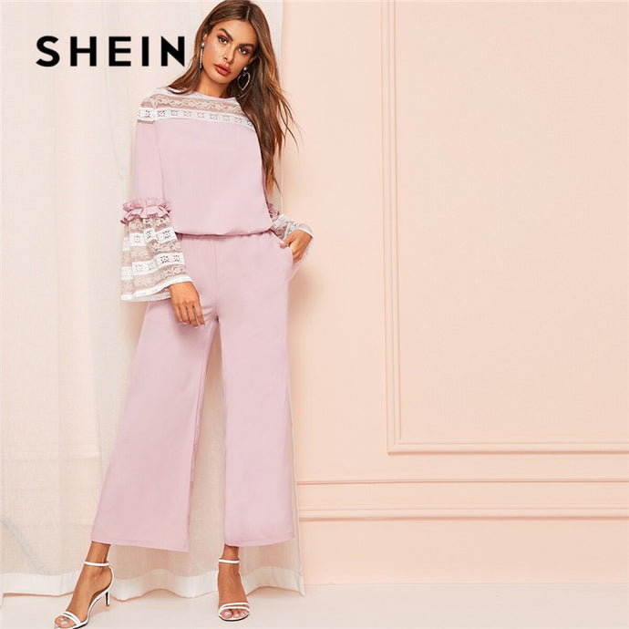 SHEIN Pink Contrast Lace Flounce Sleeve Women Blouse And Wide Leg Pants Two Piece Set Spring Elegant Solid Ladies Matching Sets