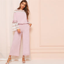 Load image into Gallery viewer, SHEIN Pink Contrast Lace Flounce Sleeve Women Blouse And Wide Leg Pants Two Piece Set Spring Elegant Solid Ladies Matching Sets