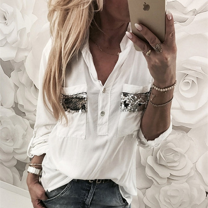 2019 Kadın Payet Cep Gömlek Rahat Seksi V Yaka Bluz Uzun Kollu Düz Renk Gevşek Bluz Moda Lady Beyaz Üstleri Artı boyutu