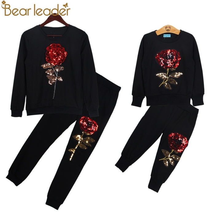 Bear Leader 2019 New Spring Style Family Matching Outfits Mother And Daughter Long Sleeve Rose Floral Sweatshirt+Pants 2Pcs Suit