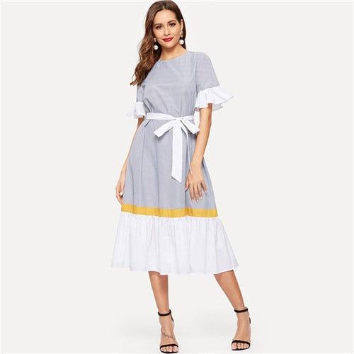 Fırfır Renk-Blok Kuşaklı Elbise